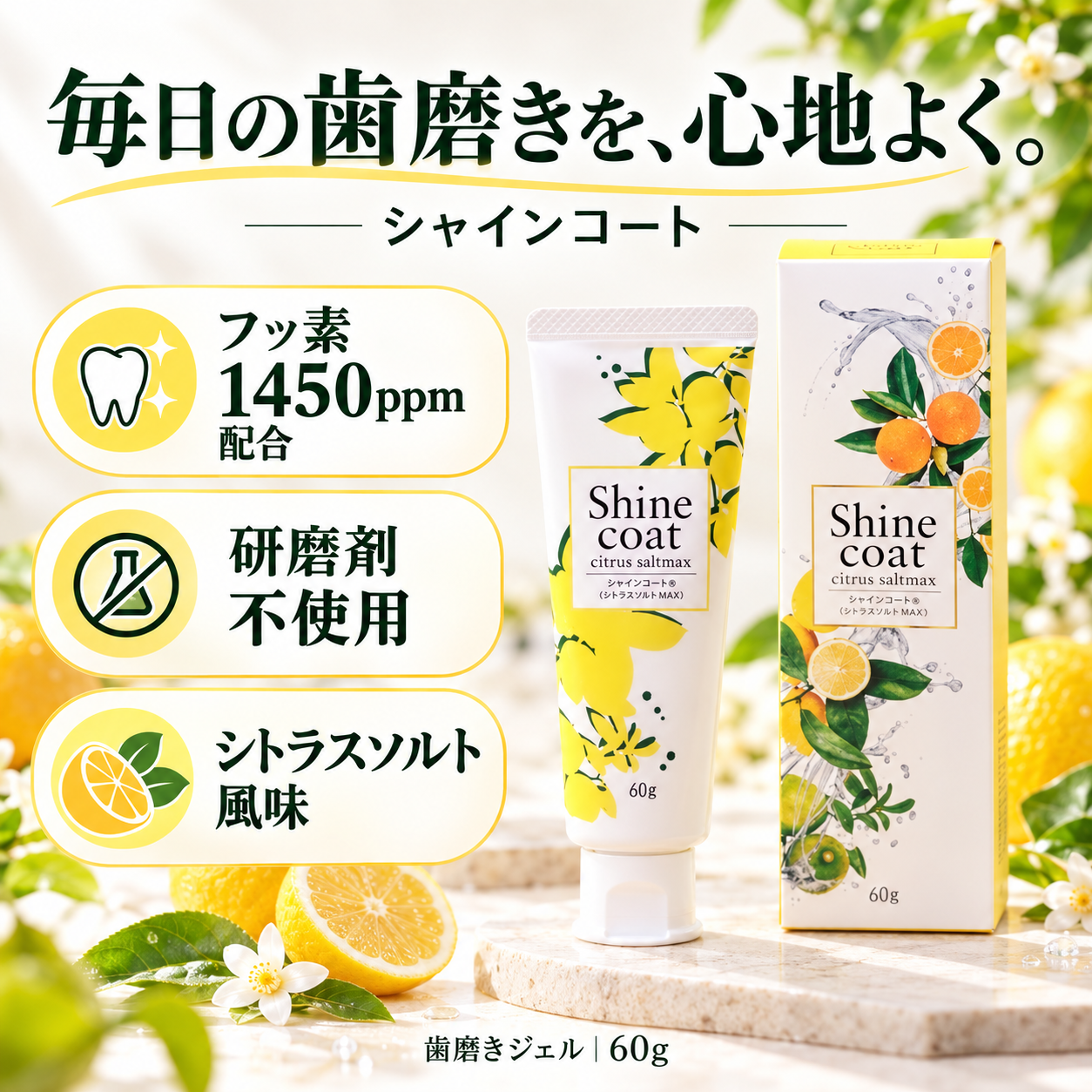 シャインコートの商品特徴：フッ素1450ppm、研磨剤不使用、シトラスソルト風味、60g
